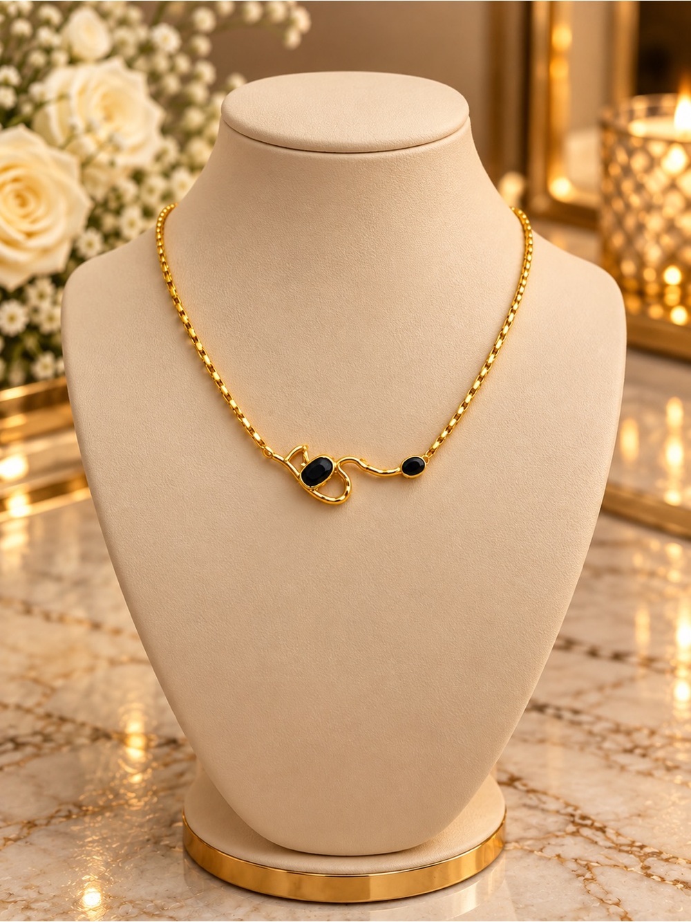 Gold Plated Necklace with Black Stone Accents